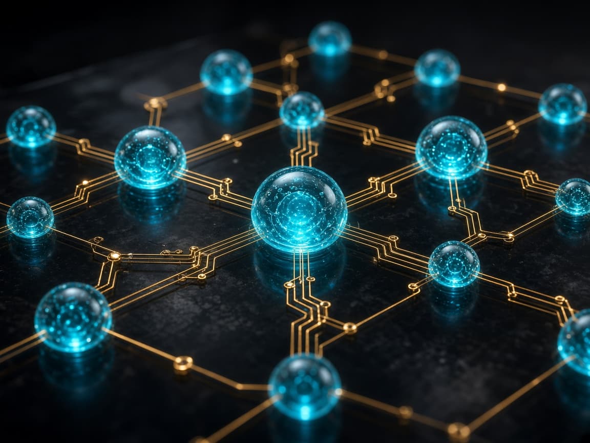 Glowing agent graph of cyan nodes and gold circuit traces
