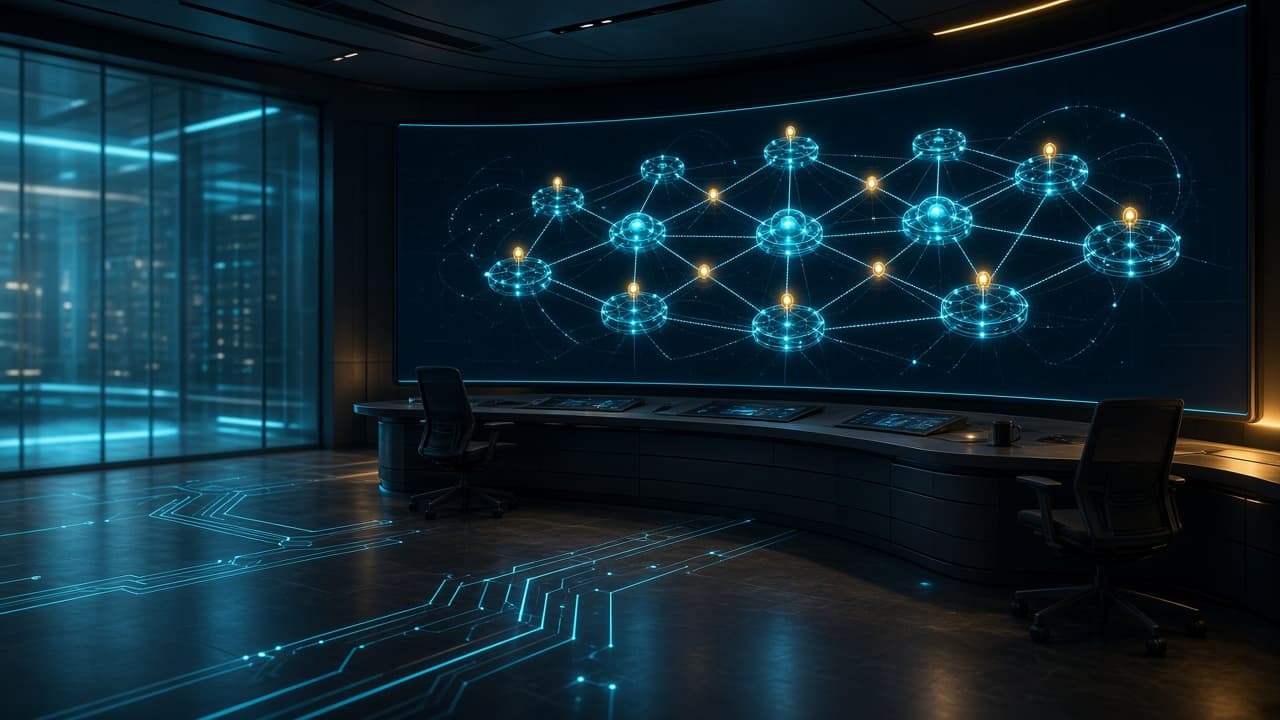 Cloud topology displayed on a curved control-room screen