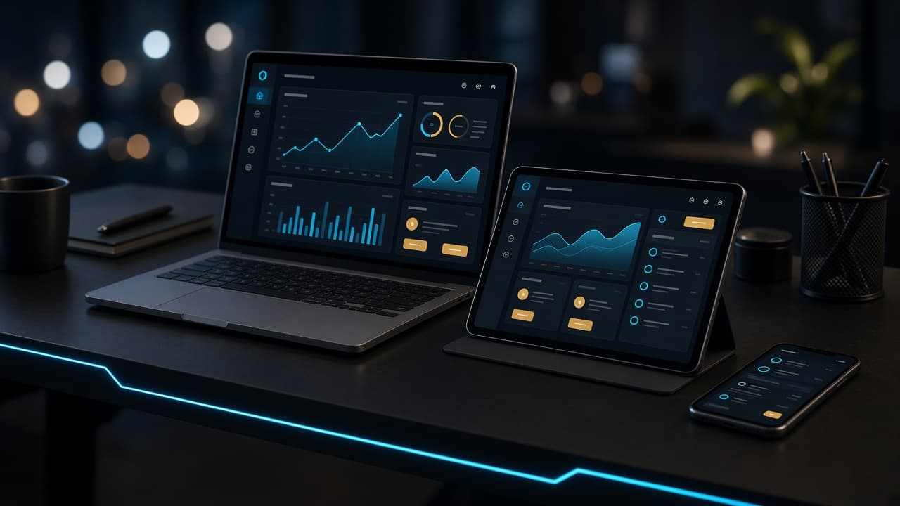 Dark-mode product UI on a laptop, tablet, and phone